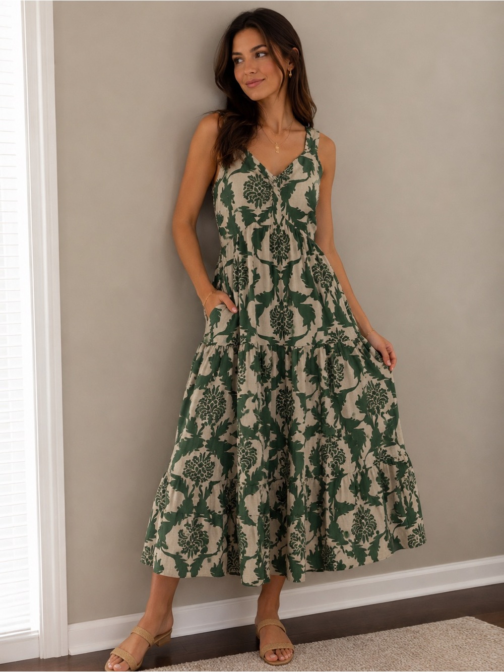 Green Floral Linen Tiered Maxi Dress